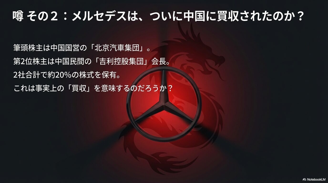 メルセデス・ベンツの中国企業による買収疑惑について触れたスライド