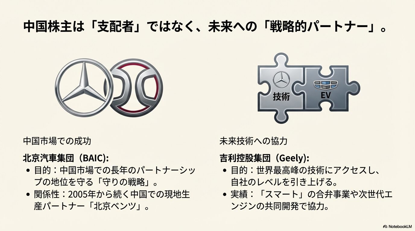 北京汽車（BAIC）および吉利（Geely）とメルセデス・ベンツの技術・EV分野での協力関係