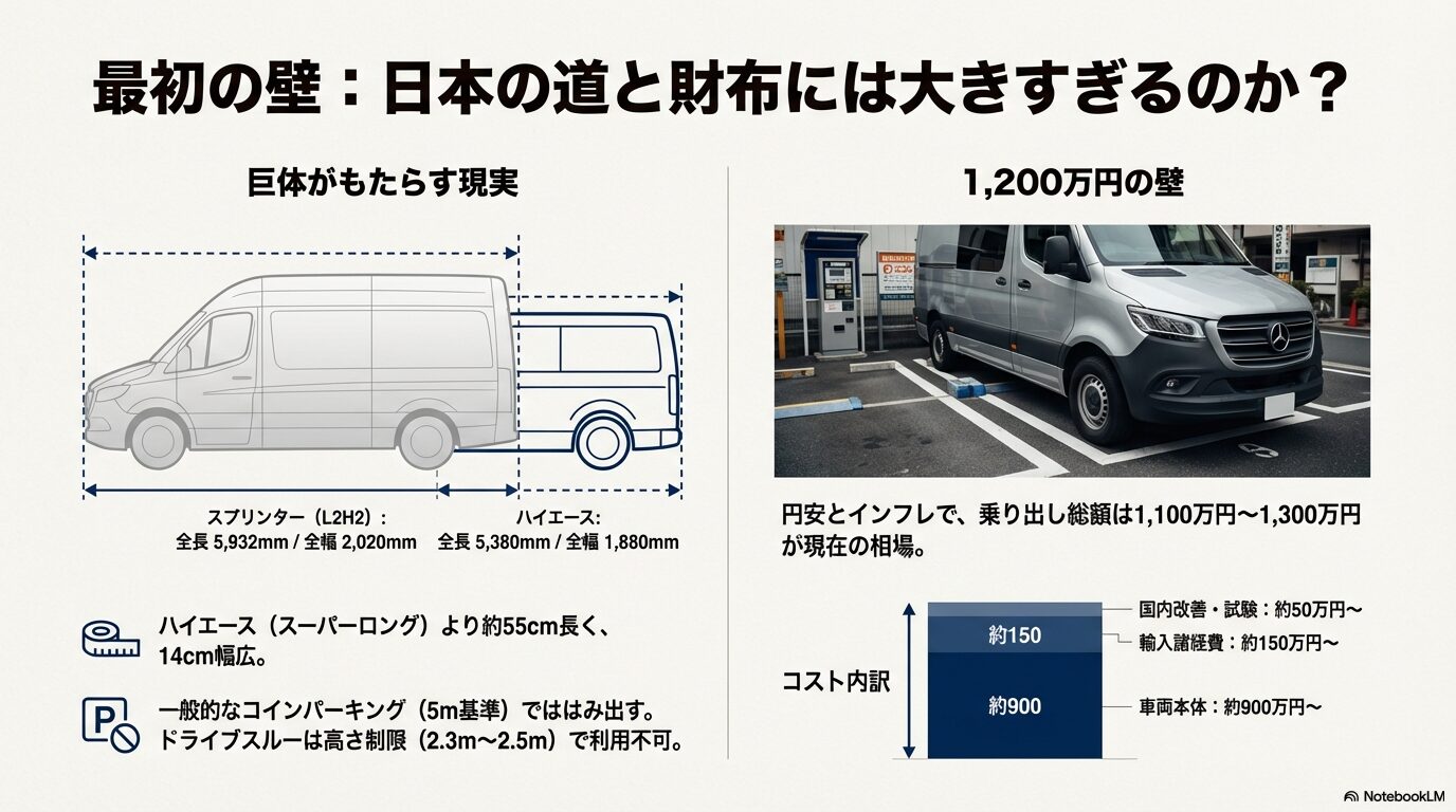 スプリンターL2H2とハイエースのサイズ比較と駐車場事情