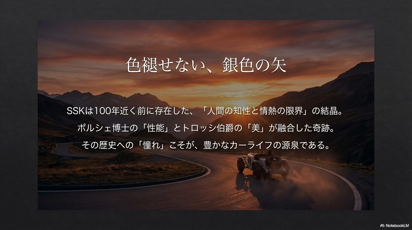 メルセデス・ベンツSSKの歴史的価値と魅力をまとめたスライド。「銀色の矢」としての伝説と、カーライフへの影響について。