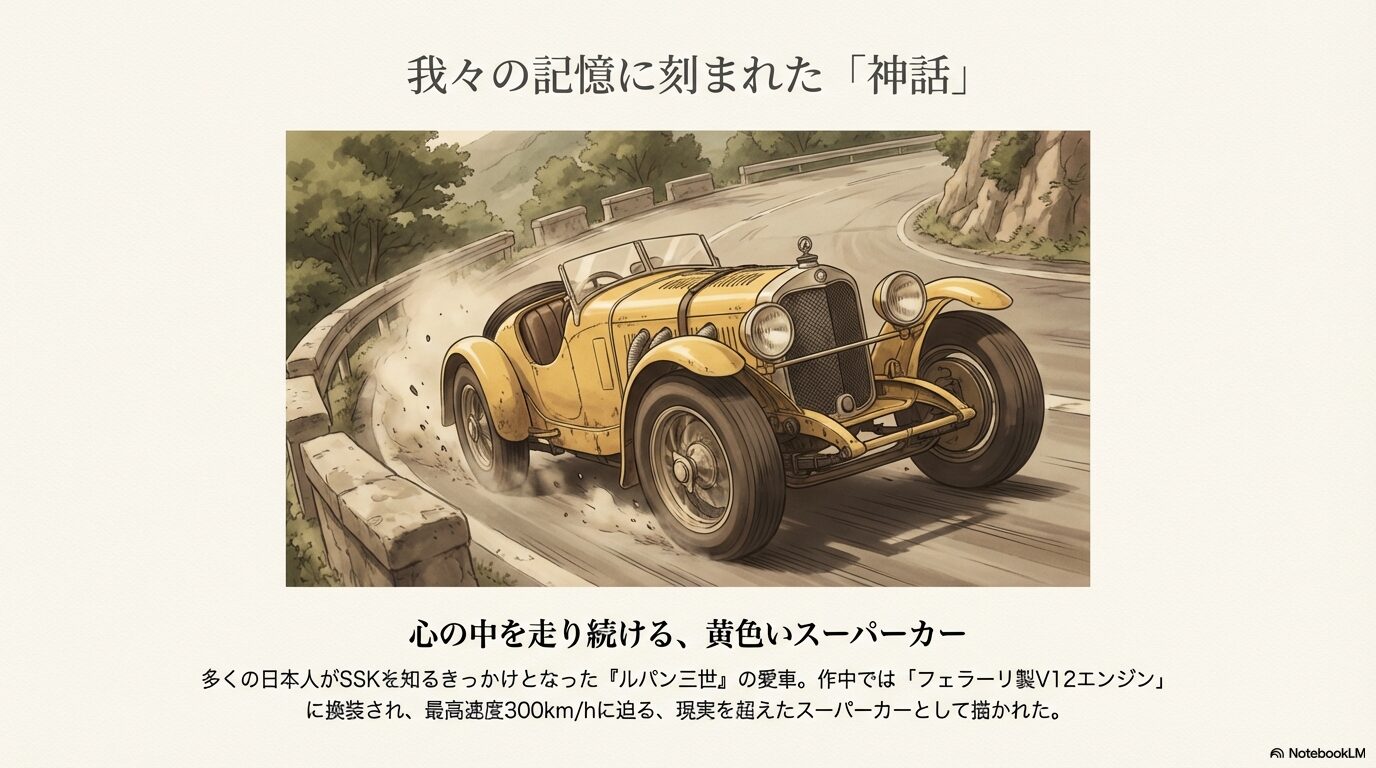 黄色いメルセデス・ベンツSSKが山道を疾走するイラスト。ルパン三世の愛車として有名だが、現実のスペックとは異なる。