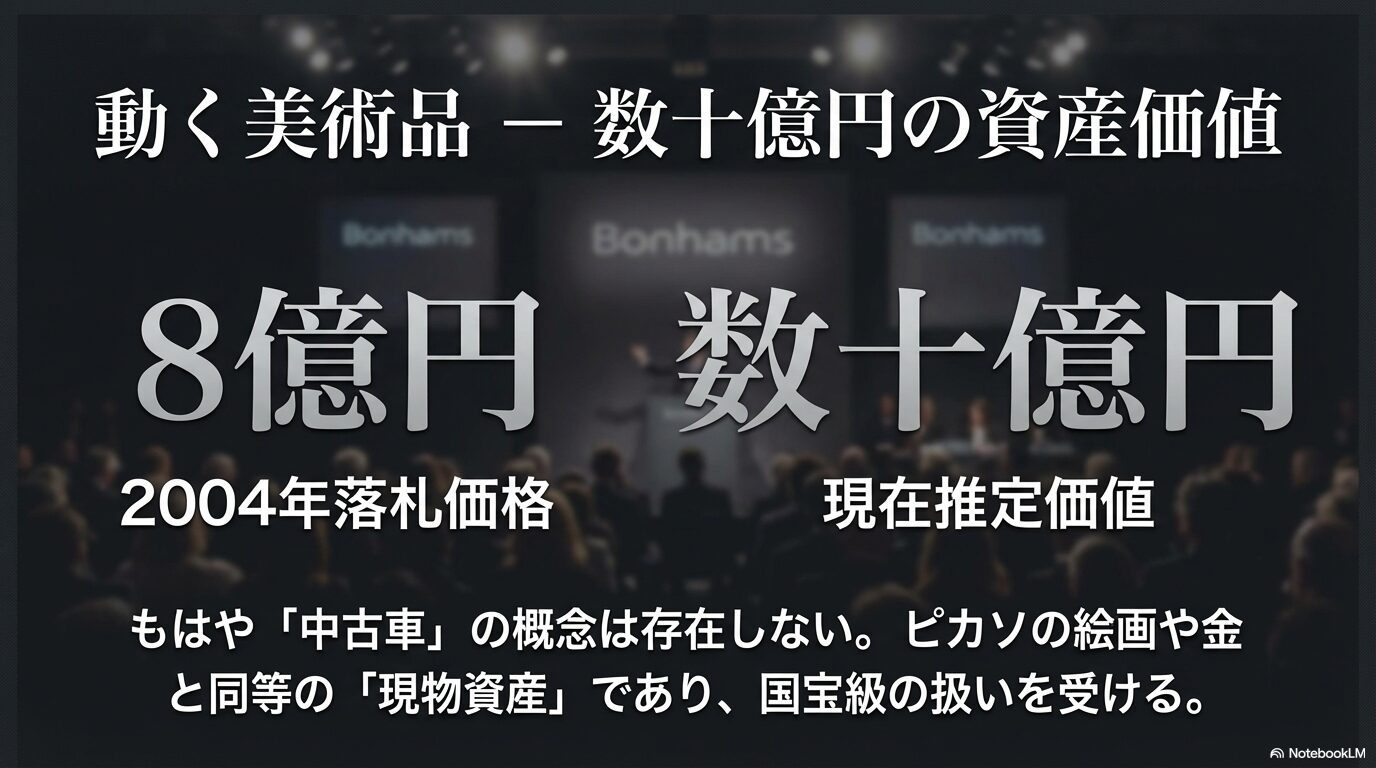 メルセデス・ベンツSSKの資産価値を示す資料。2004年の落札価格は約8億円だが、現在は数十億円規模と推定される。
