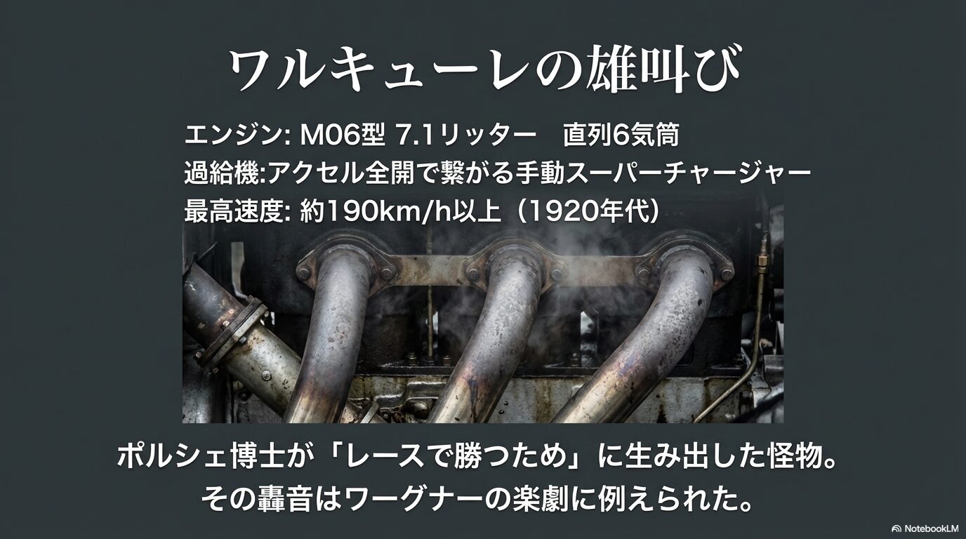 メルセデス・ベンツSSKの7.1リッター直列6気筒エンジンと排気管のクローズアップ。ワルキューレの雄叫びと呼ばれる轟音を生む。