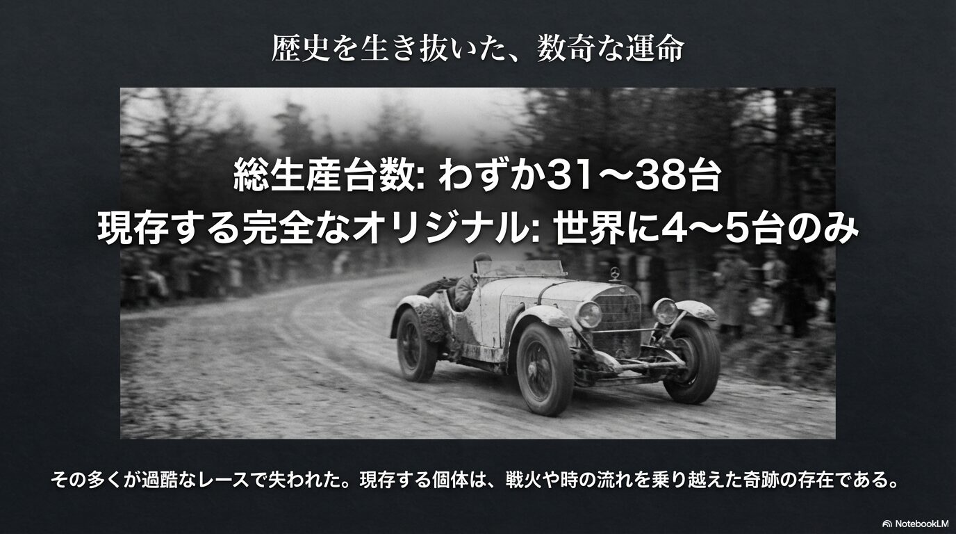 1920年代のレースを走るメルセデス・ベンツSSKのモノクロ写真。生産台数はわずか30台程度で、現存するオリジナルは極めて少ない。