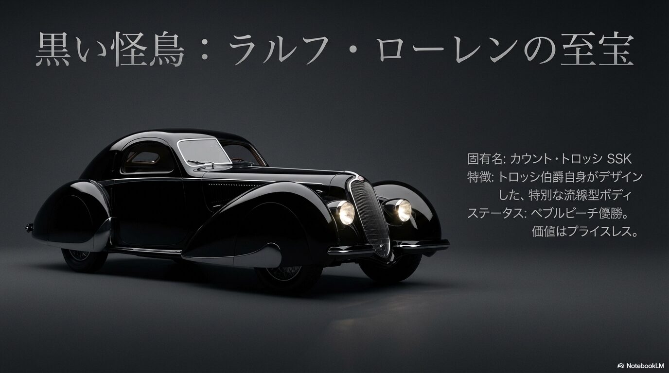ラルフ・ローレン氏が所有する「カウント・トロッシSSK」。流線型の黒いボディが特徴的で、美術品としての価値を持つ。