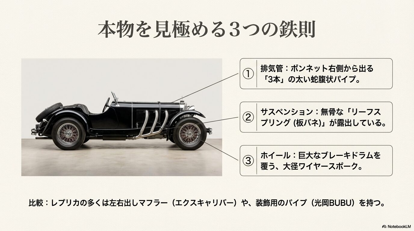 本物のメルセデス・ベンツSSKを見分ける3つのポイント。右側3本出しのマフラー、板バネサスペンション、大径ワイヤースポークホイールを図解。