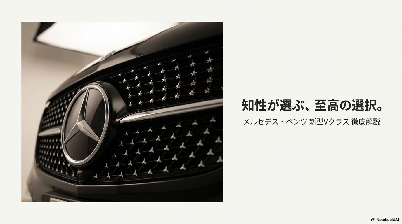 メルセデス・ベンツ新型Vクラスのフロントグリルを背景にした記事解説の表紙スライド。「知性が選ぶ、至高の選択」のキャッチコピー。