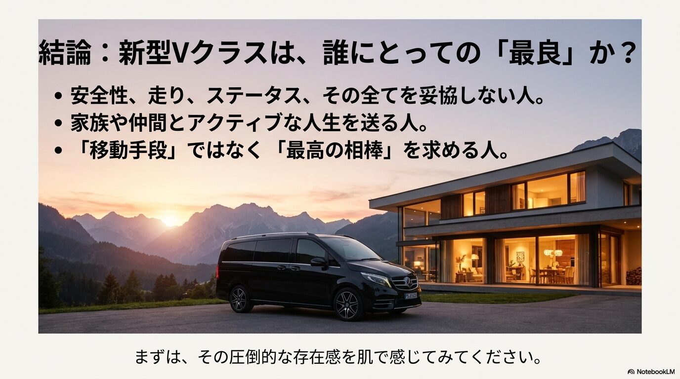 安全性、走り、ステータスを妥協せず、最高の相棒を求める人にとってVクラスが最良であると結論づけるスライド。
