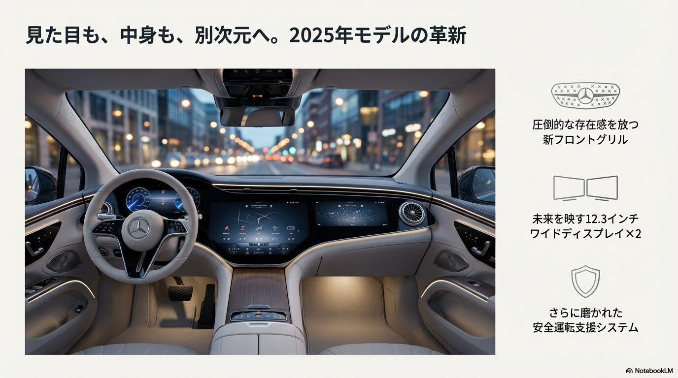 新型Vクラスの12.3インチワイドディスプレイを2枚備えた最新コクピットと新フロントグリルの紹介スライド。