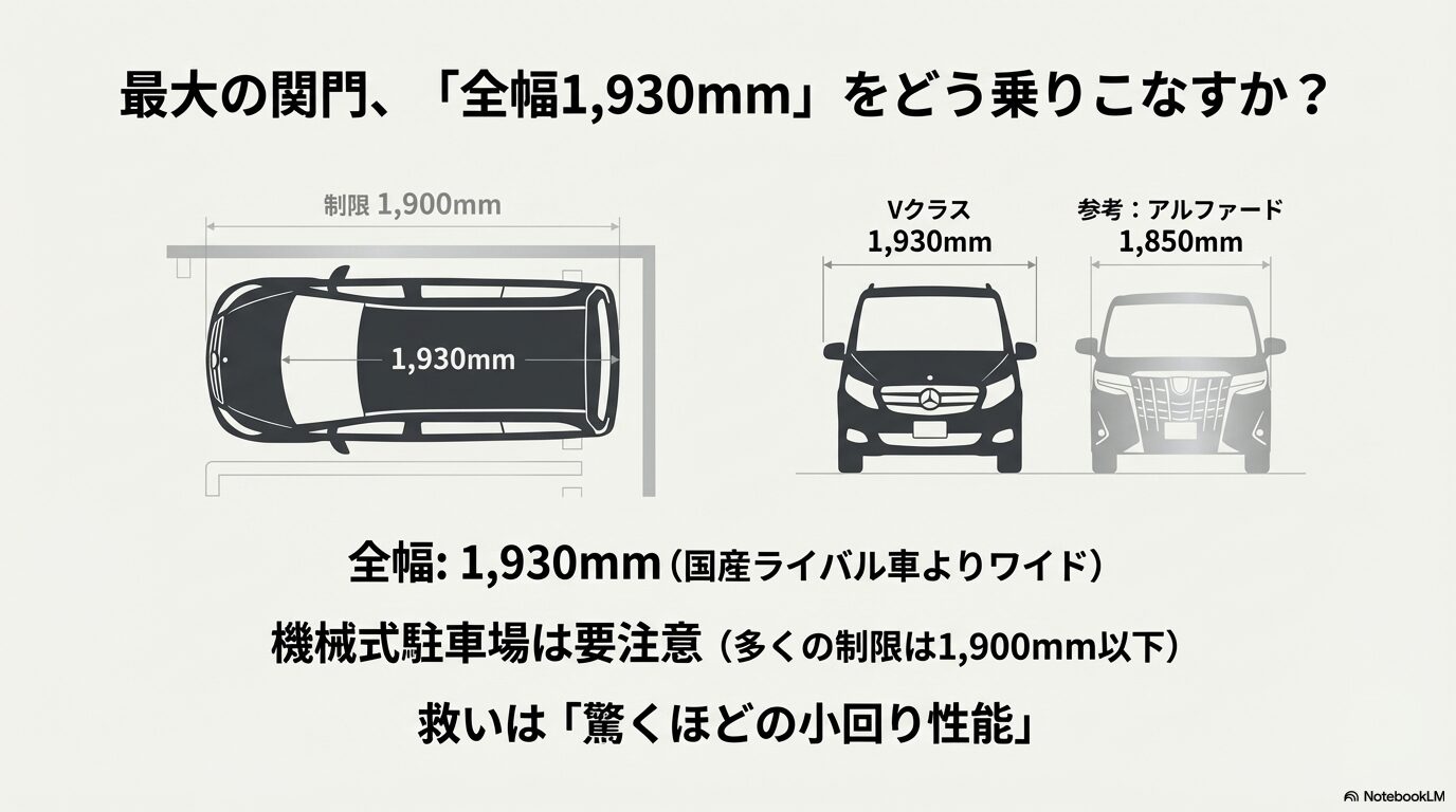 Vクラスの全幅1,930mmとアルファードの1,850mmを比較し、1,900mm制限の機械式駐車場の注意喚起をする図解スライド。