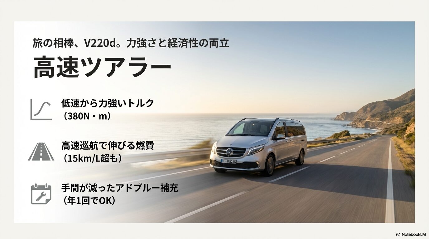 V220dの380N・mのトルクや15km/L超の燃費、アドブルー補充頻度の改善を解説するスライド。