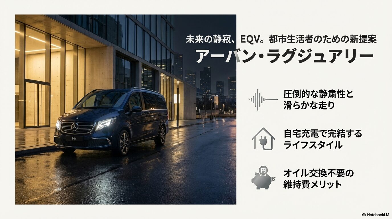 電気自動車EQVの静粛性、滑らかな走り、自宅充電の利便性、オイル交換不要などの維持費メリットを解説するスライド。