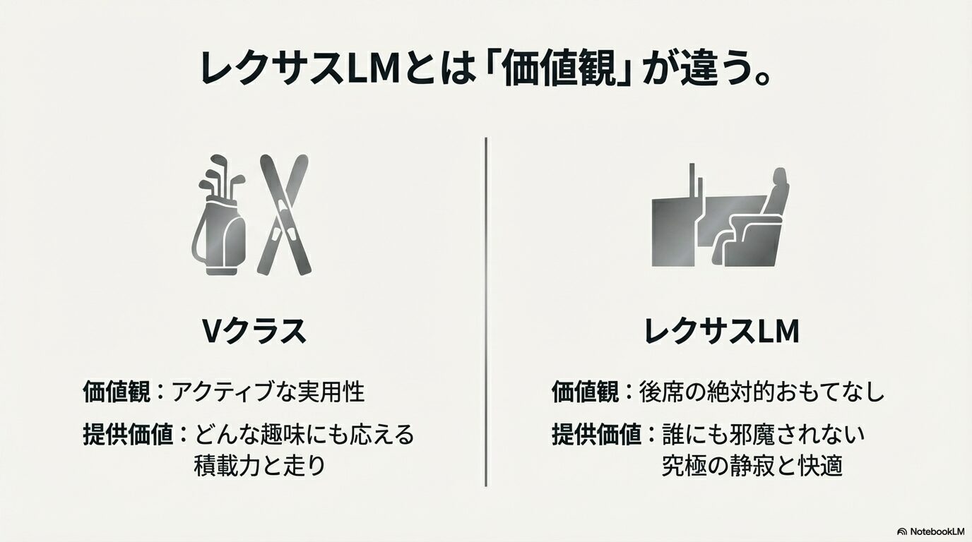 Vクラスのアクティブな実用性と積載力に対し、レクサスLMの後席おもてなしと究極の静寂を比較した価値観のスライド。
