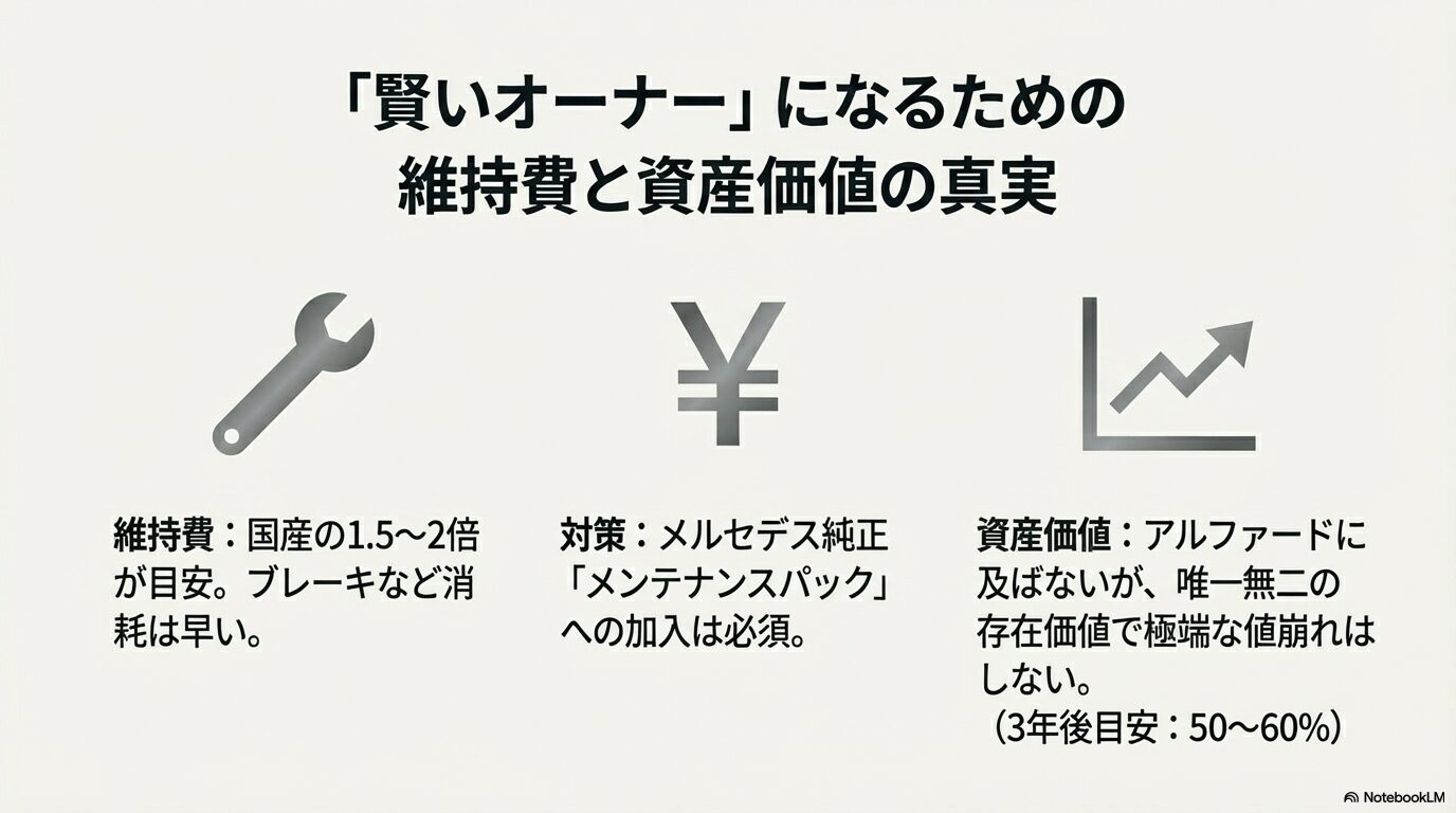 国産車の1.5〜2倍とされる維持費の目安やメンテナンスパックの重要性、3年後50〜60%とされる資産価値を解説したスライド。