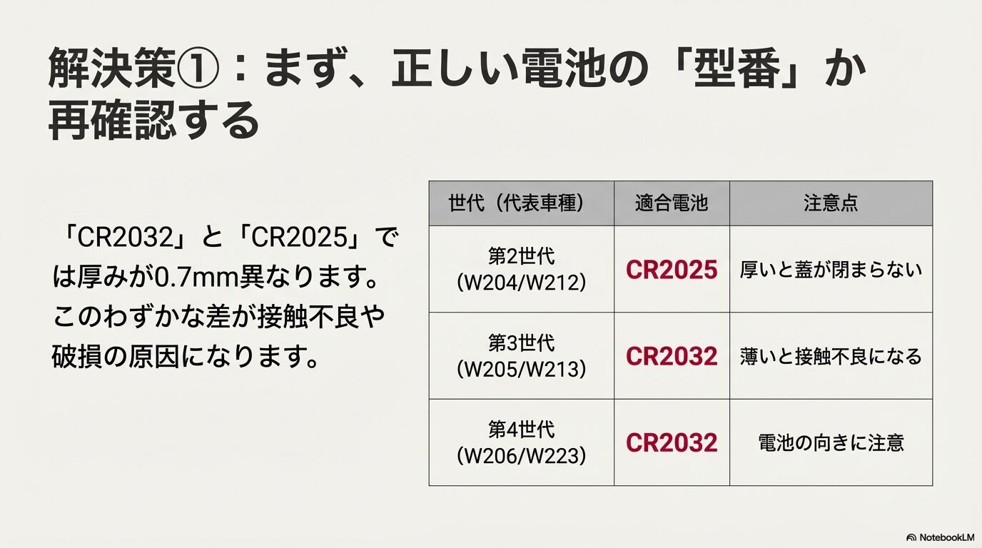 第2世代から第4世代までのベンツキーにおけるCR2025とCR2032の適合表と厚みの違いの注意点