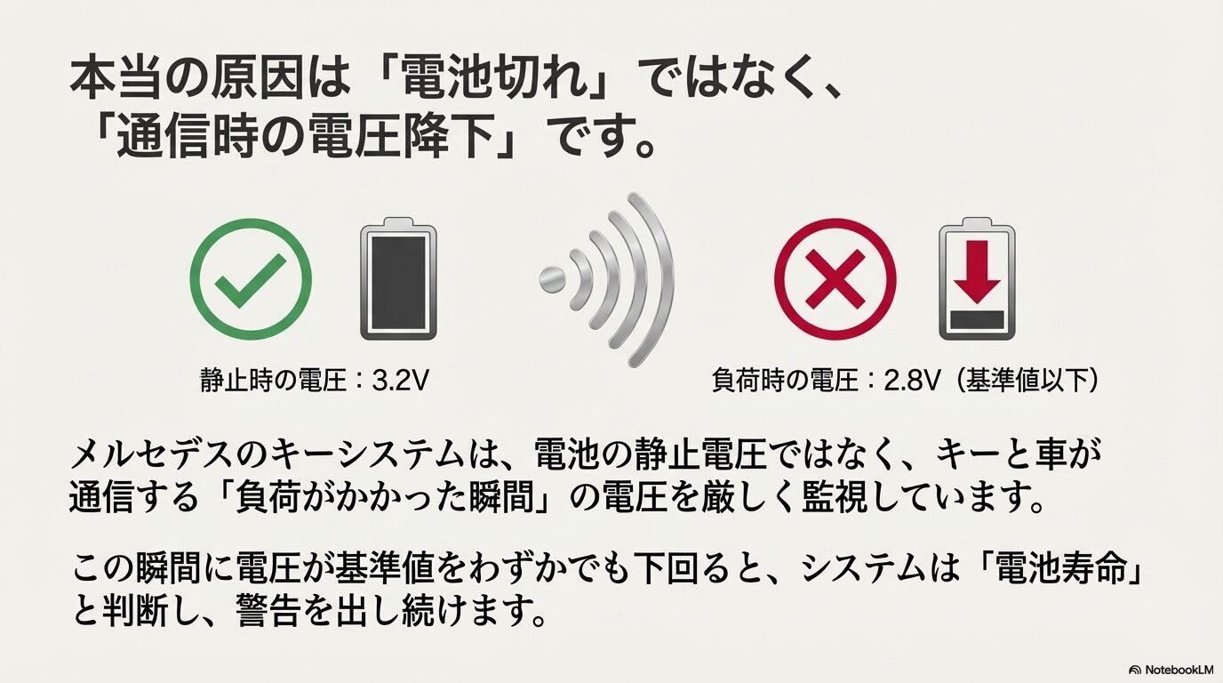 静止時の電圧3.2Vと通信負荷時の電圧2.8Vを比較したメルセデスの電圧監視ロジックの図解