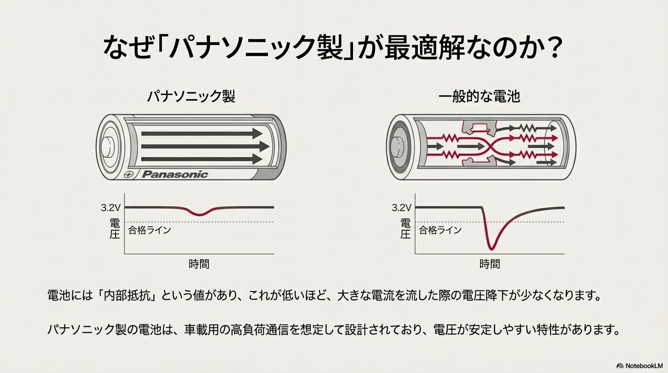 内部抵抗が低いパナソニック製電池と一般的な電池の通信負荷時における電圧安定性の比較図