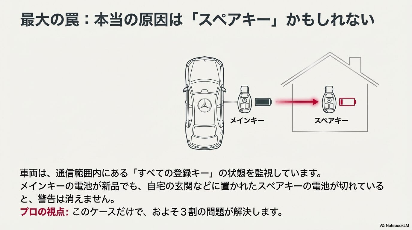 メインキーが新品でも自宅内のスペアキーが電池切れだと車両が警告を出し続ける罠の図解