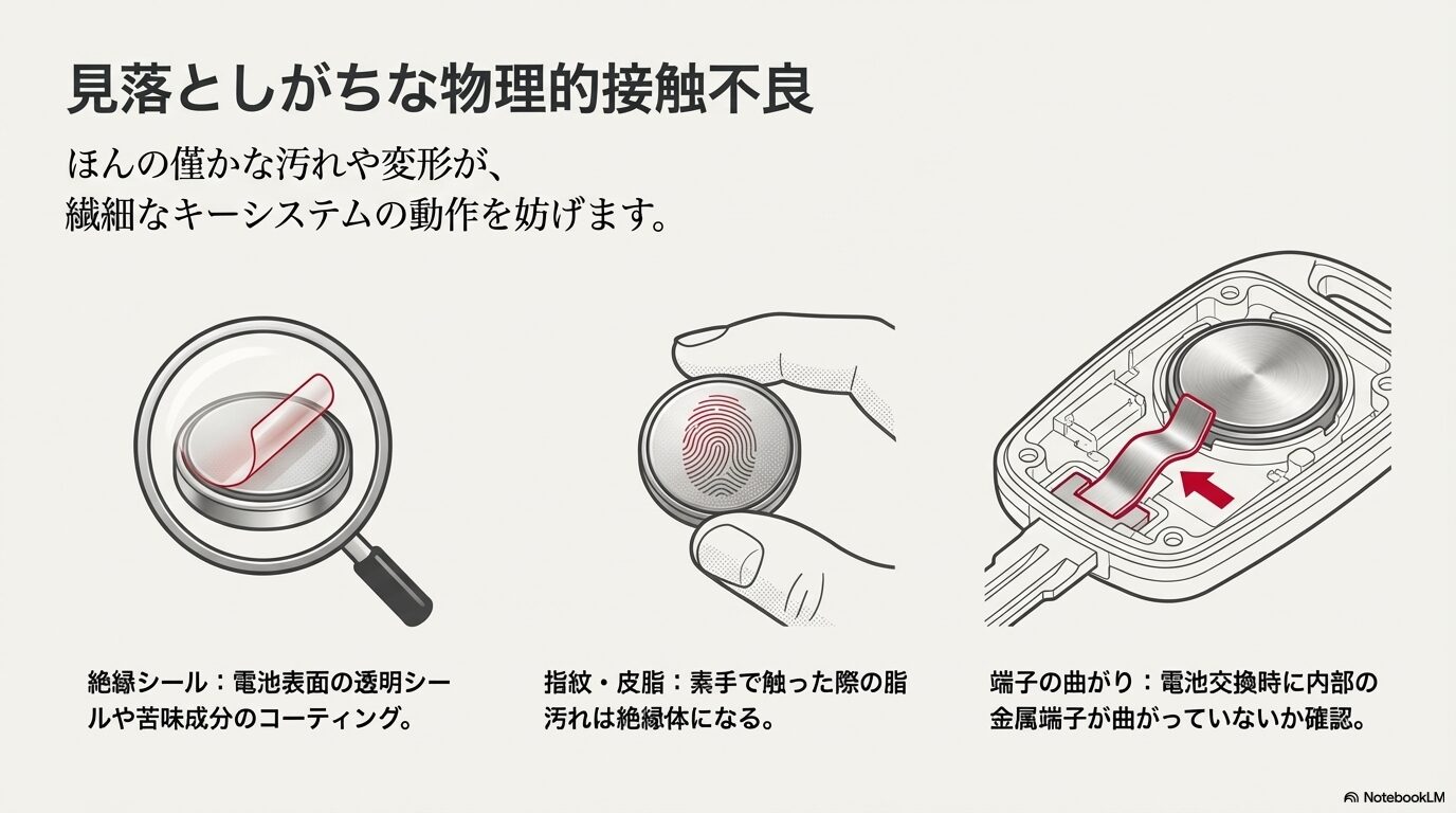 絶縁シール、指紋・皮脂汚れ、金属端子の曲がりなど物理的な接触不良の原因図解