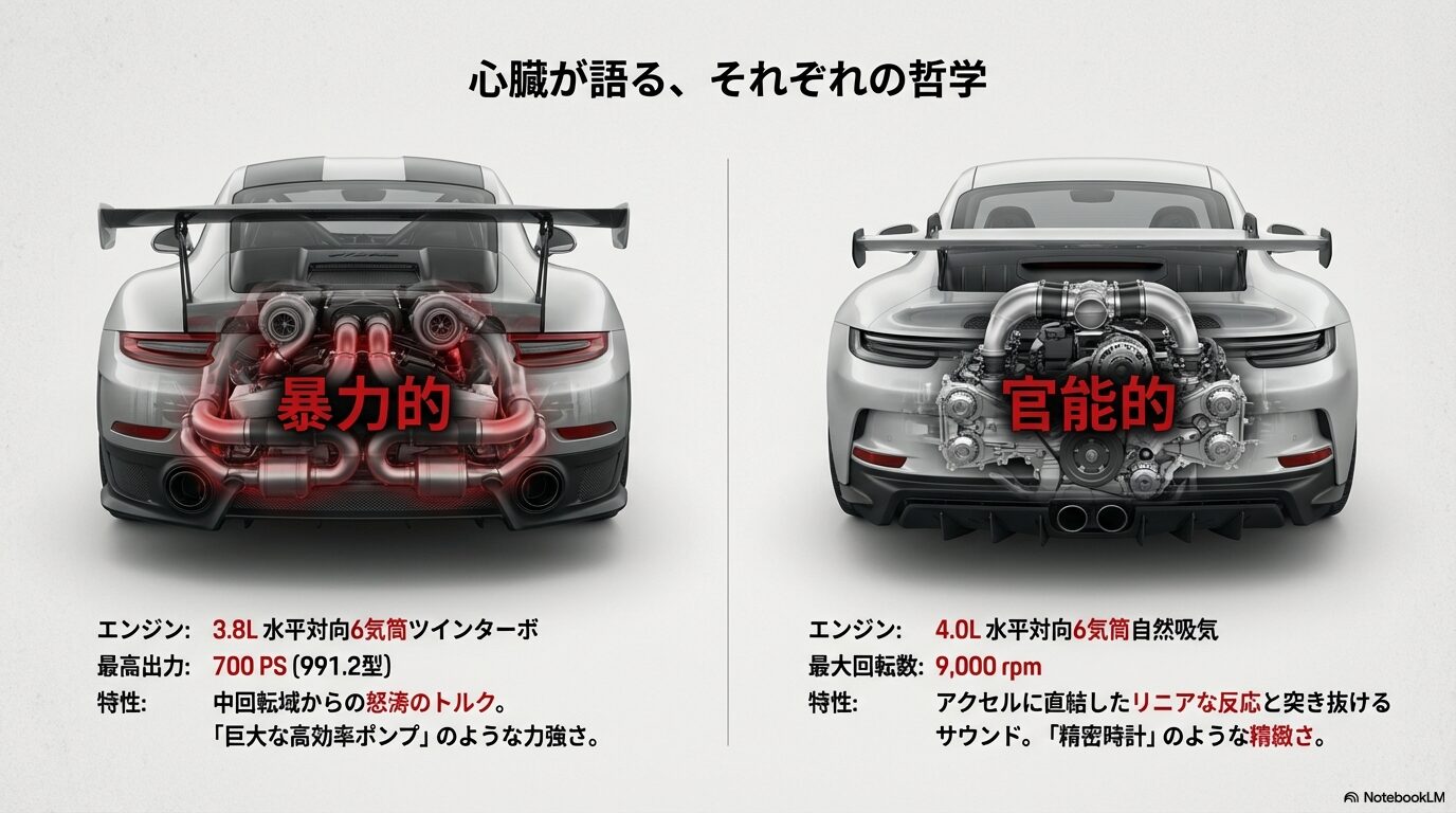 GT2 RSの3.8Lツインターボエンジン(暴力的)とGT3の4.0L自然吸気エンジン(官能的)の構造比較スライド