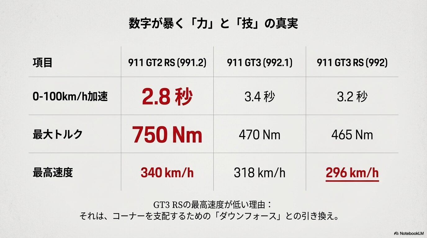 0-100km/h加速、最大トルク、最高速度を比較したデータ表。GT3 RSの最高速度がダウンフォース重視で低いことを説明するスライド