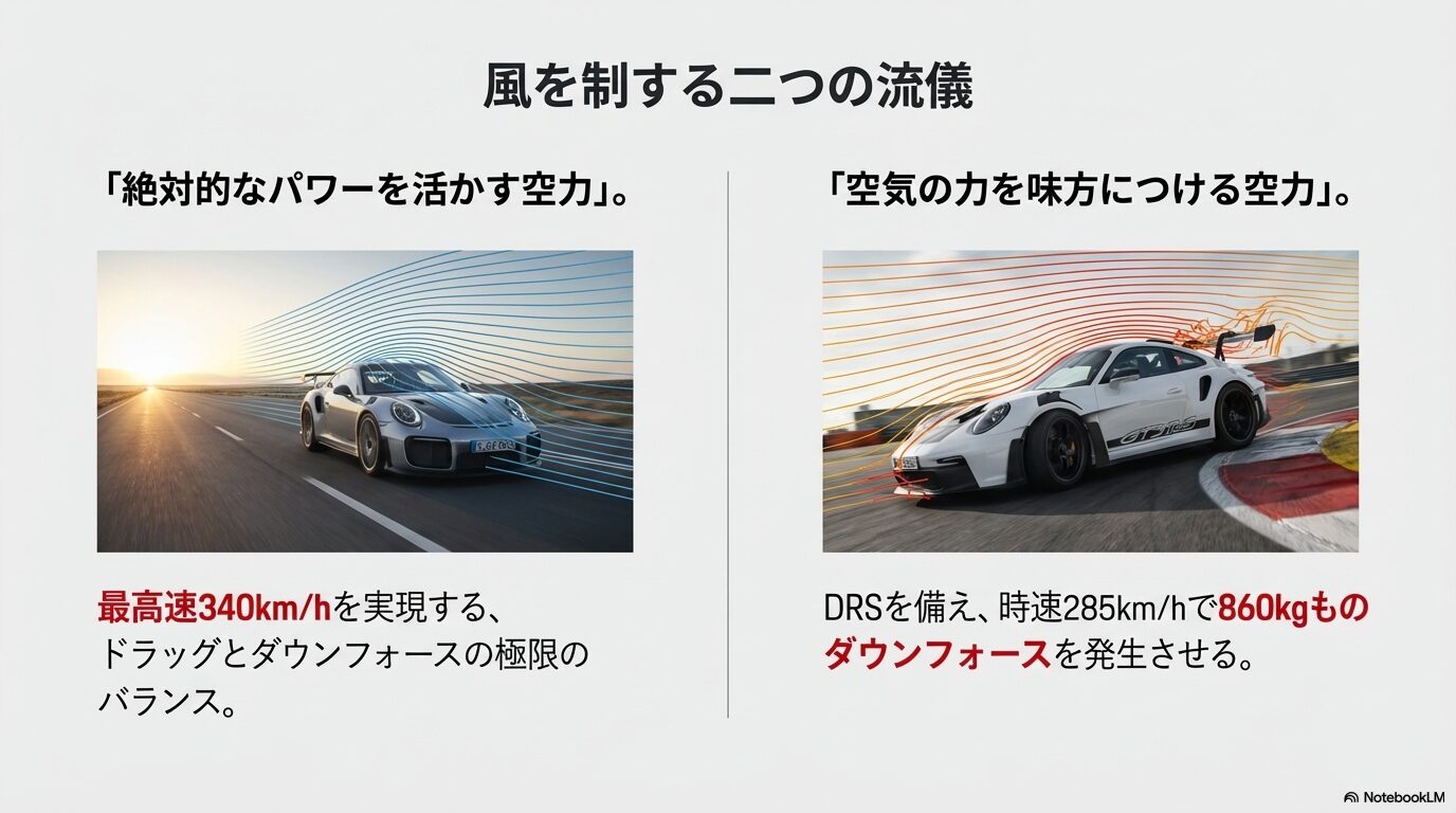 最高速重視のGT2 RSと、DRSを備え強力なダウンフォースを発生させるGT3 RSの空力の流れを視覚化したスライド
