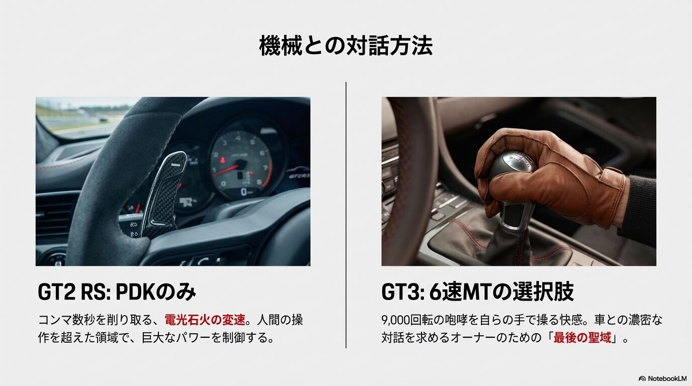 GT2 RSのPDKパドルシフトとGT3の6速MTシフトノブの画像。「機械との対話方法」を解説したスライド