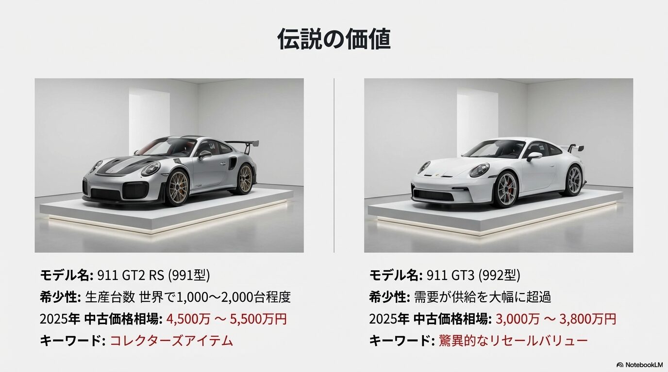 911 GT2 RS(991型)とGT3(992型)の希少性と2025年の中古価格相場、リセールバリューをまとめたスライド