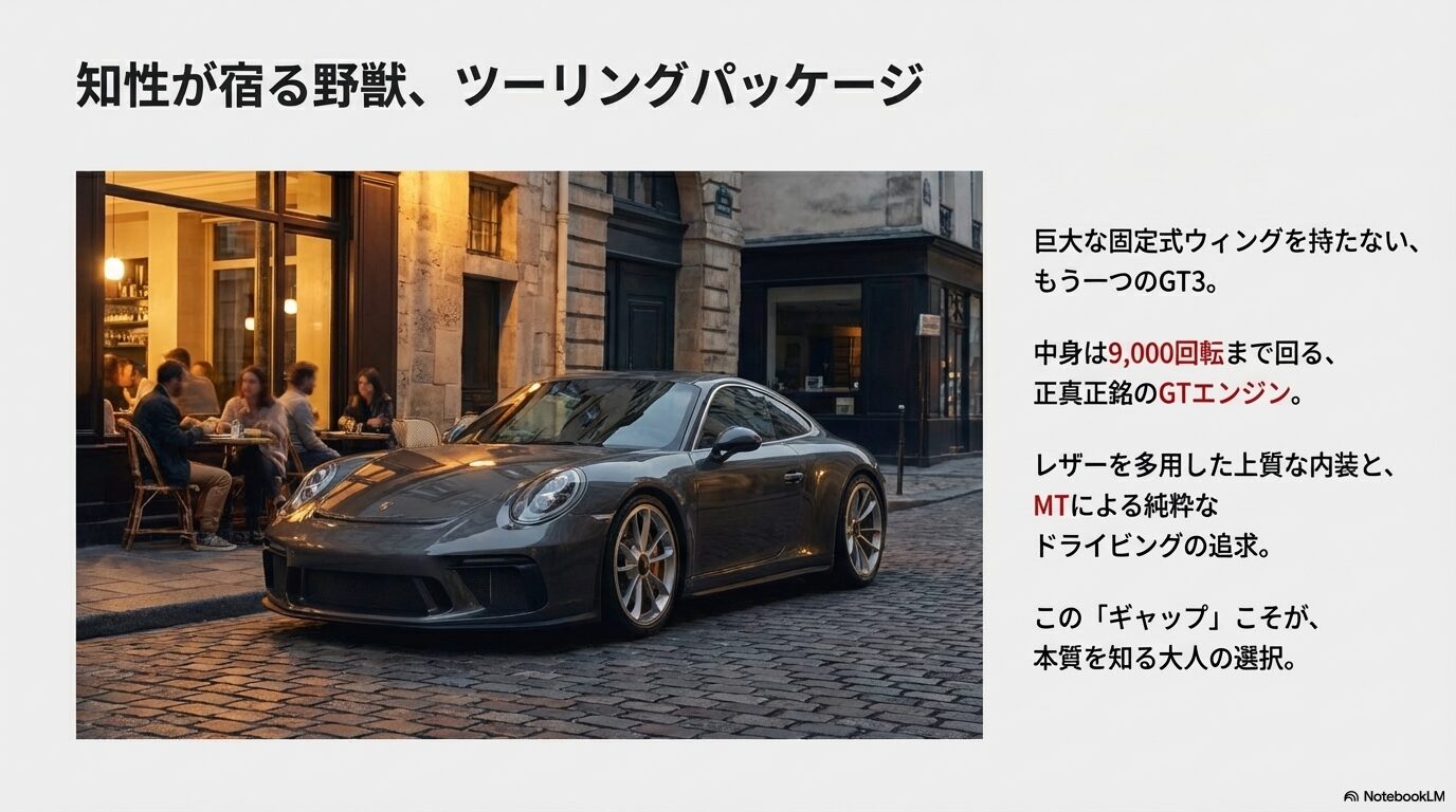 固定式ウィングを持たない知的な外観と9000回転のエンジンを併せ持つGT3ツーリングパッケージの解説スライド