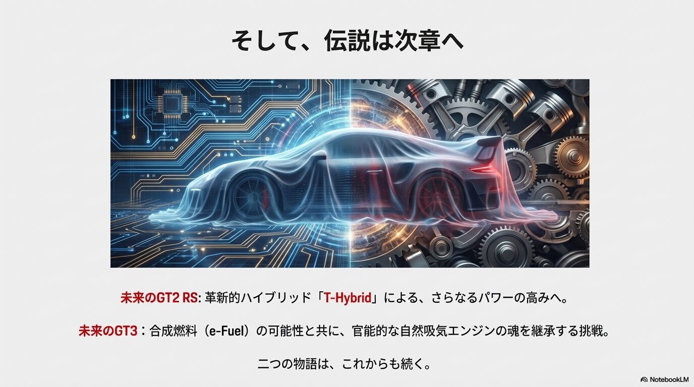 パワーを支配する物語(GT2 RS)と車と対話する物語(GT3)の対比。サーキットを走るポルシェの背後から火花が出るイメージスライド