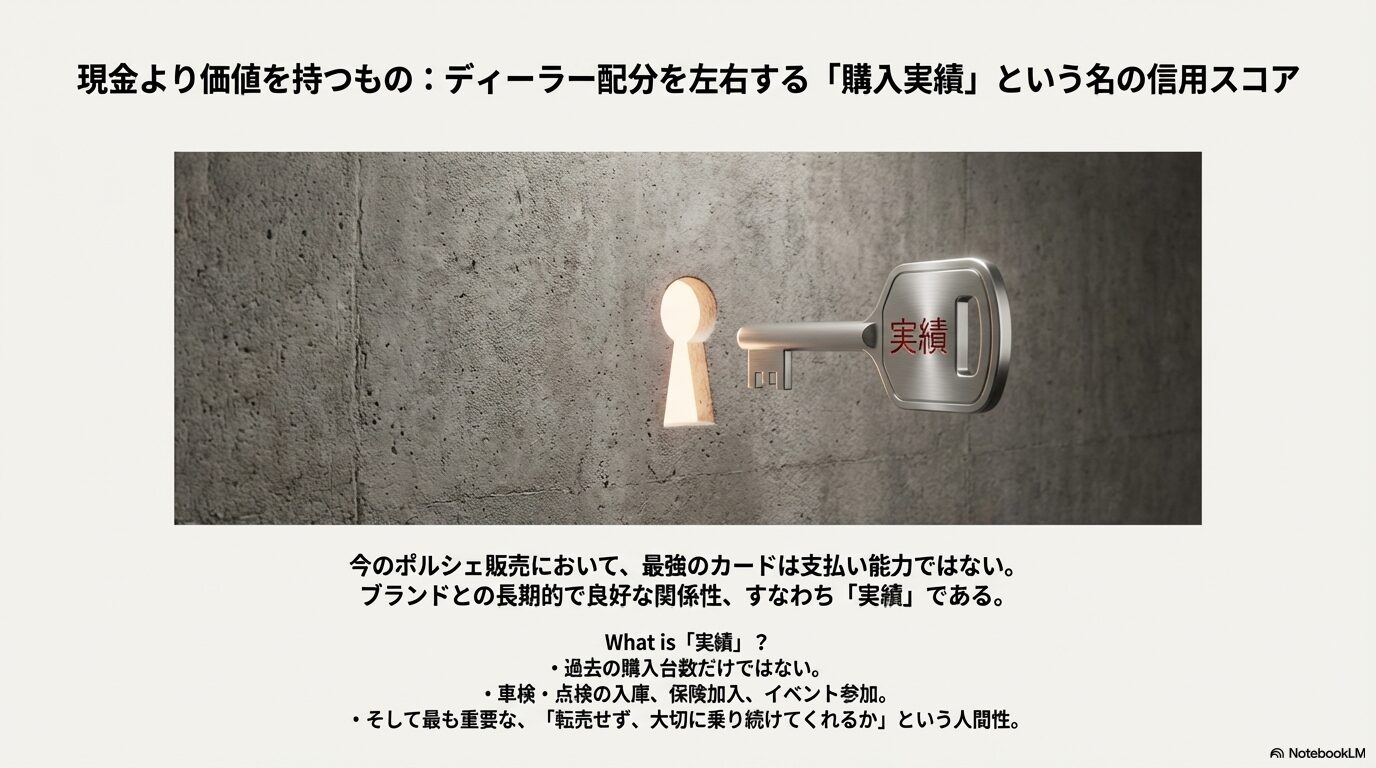 ポルシェの購入枠獲得に不可欠な「実績」の定義。過去の購入台数、メンテナンス入庫、転売しない信頼性などの信用スコアを解説。