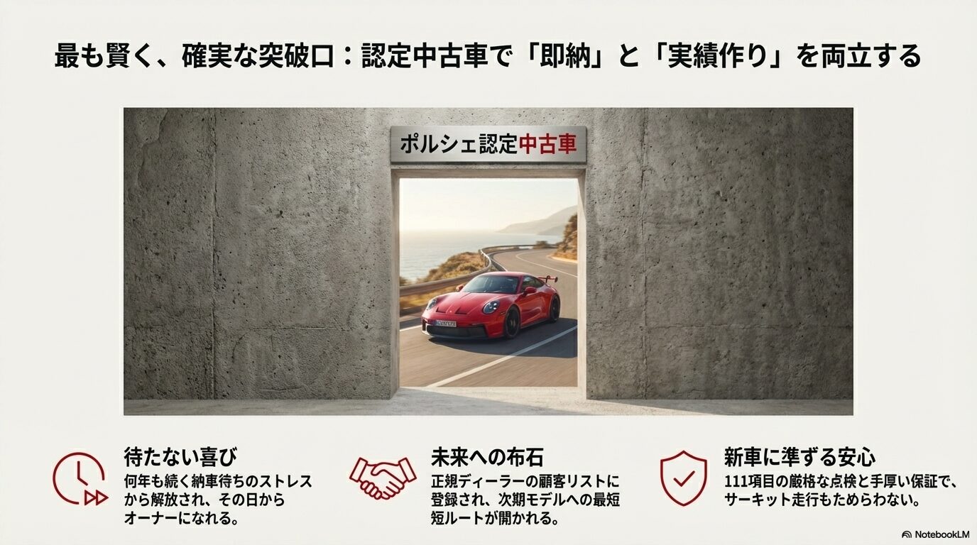 ポルシェ認定中古車(CPO)を選ぶメリットとして、即納、次期モデルへの実績作り、新車に準ずる安心の3点を挙げたスライド。