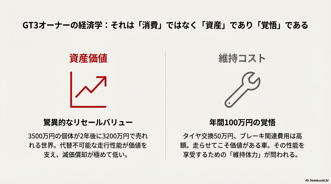 驚異的なリセールバリューによる資産性の高さと、年間100万円規模の維持コスト(タイヤ・ブレーキ等)の必要性を解説する経済的図解。