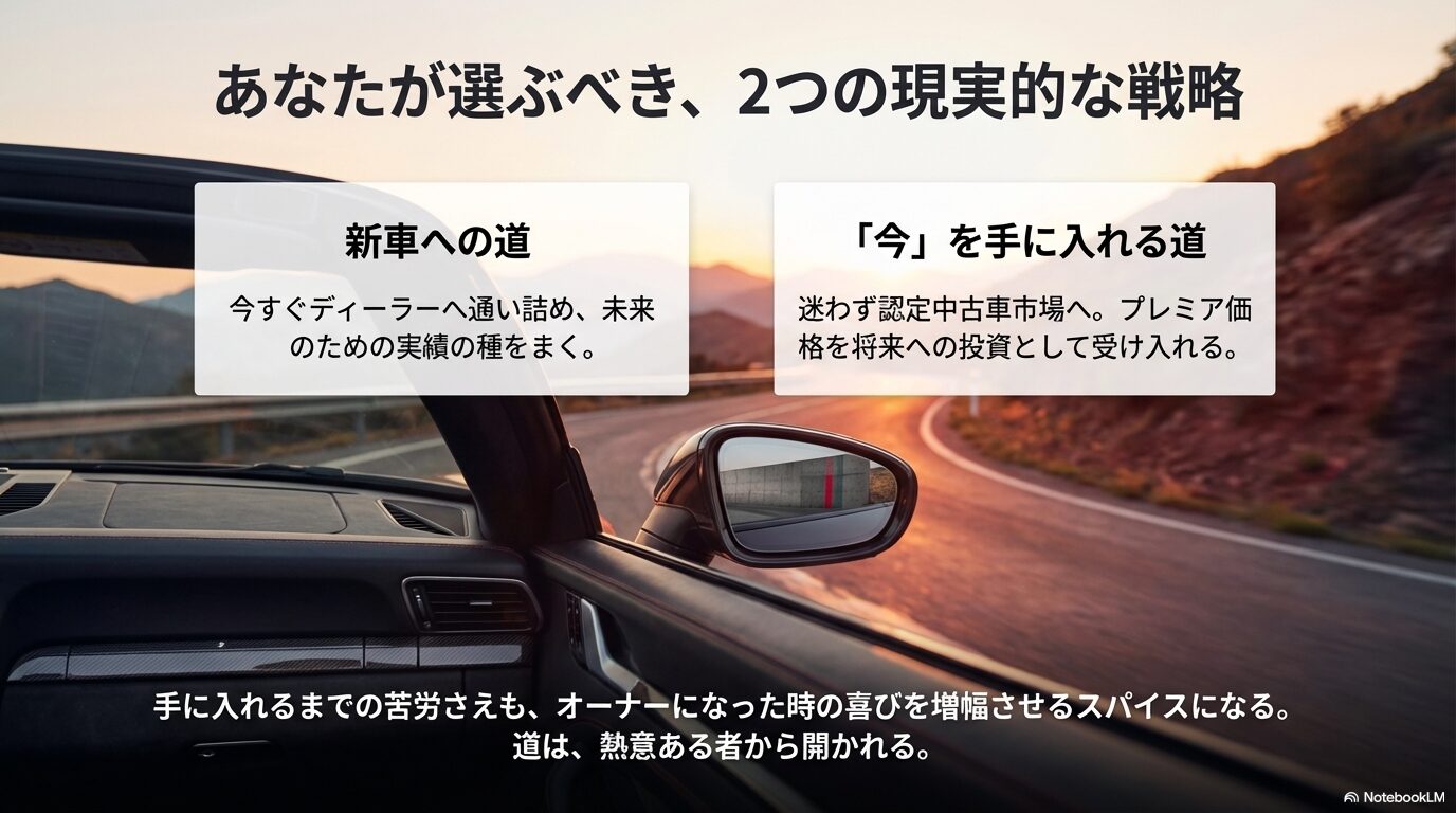 「新車への道(実績作り)」と「今を手に入れる道(認定中古車)」の2つのルートを提示するまとめスライド。