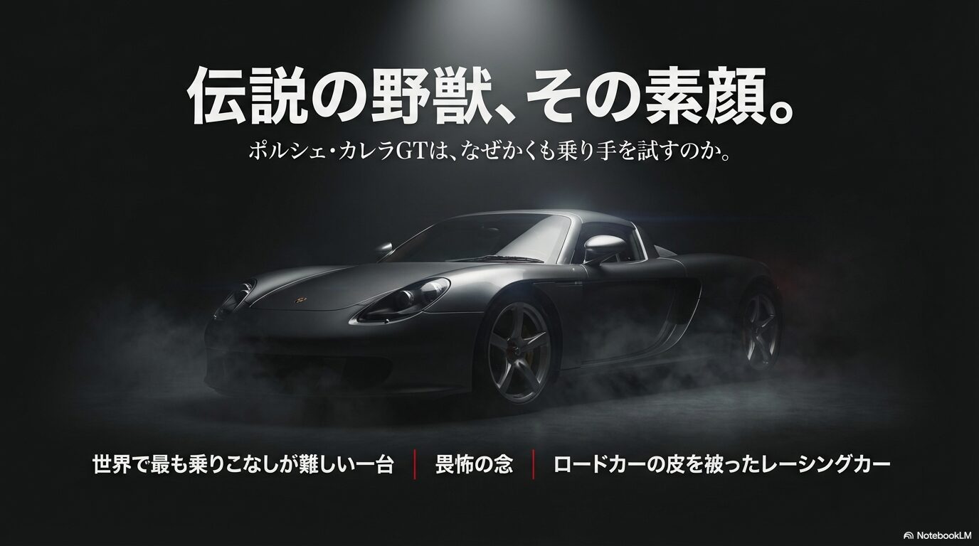 伝説のスーパーカー、ポルシェ・カレラGTのフロントビューと「乗り手を試す」というキャッチコピー
