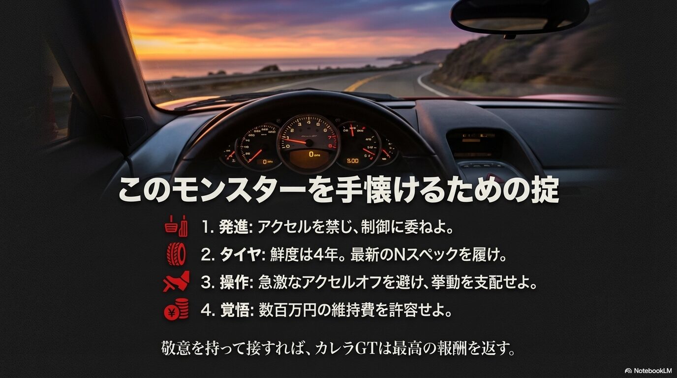 発進・タイヤ・操作・覚悟の4項目にわたる、カレラGTを安全に楽しむための必須条件のまとめ