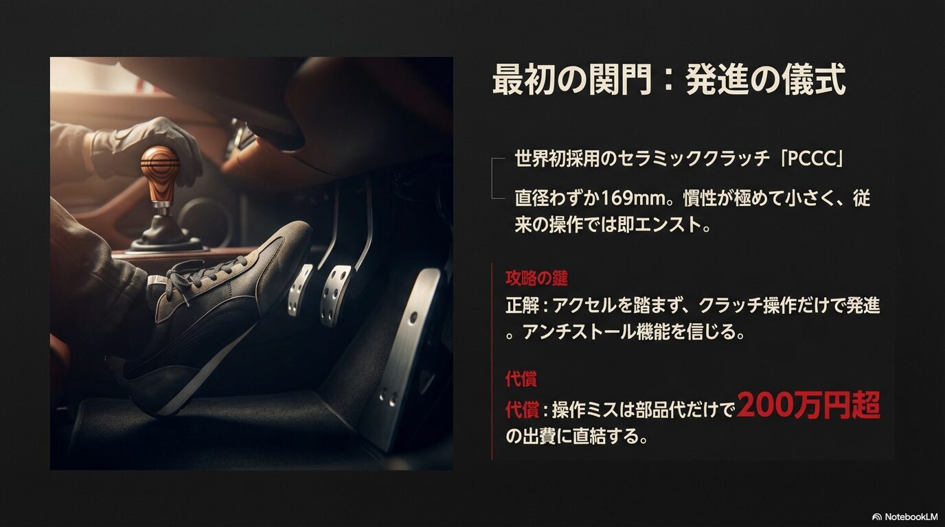 ポルシェ・セラミック・コンポジット・クラッチ(PCCC)の直径169mmというサイズと、アンチストール機能を利用した発進方法の解説