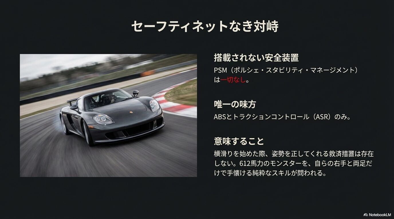 ポルシェ・スタビリティ・マネージメント(PSM)がなく、ABSとASRのみを搭載したカレラGTがドライバーの技量を問うことを示すスライド