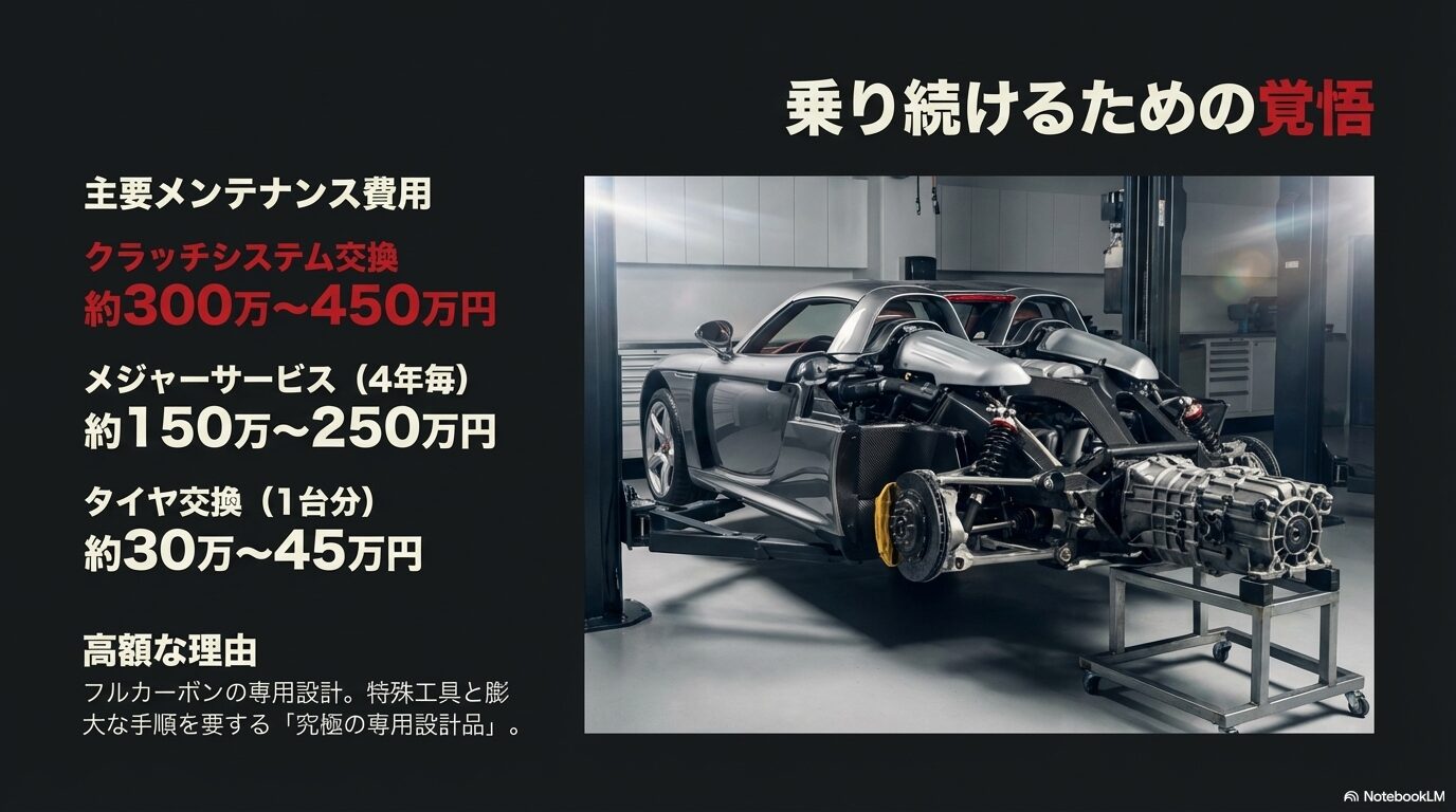 クラッチ交換やメジャーサービスの概算費用と、フルカーボン専用設計によるメンテナンスの難易度