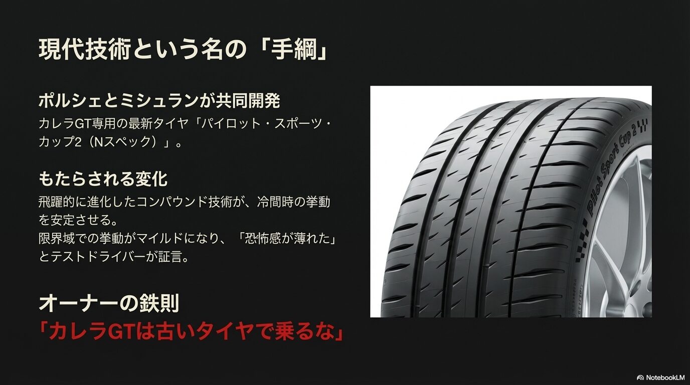 ポルシェとミシュランが共同開発したカレラGT専用タイヤ(Nスペック)がもたらす挙動の安定化