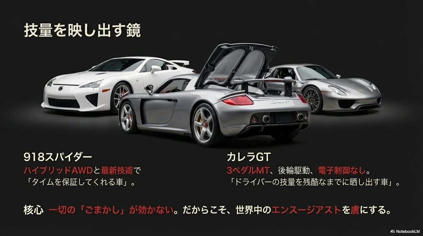 最新技術でタイムを保証する918スパイダーに対し、一切の誤魔化しが効かないカレラGTの性質の対比