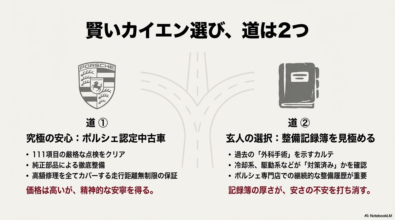 111項目の点検と走行距離無制限保証など、ポルシェ認定中古車の安心感を示す図解