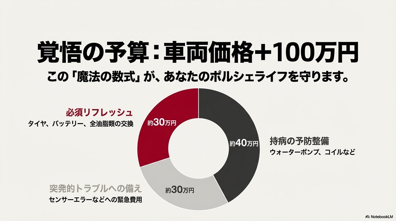 車両本体価格だけでなく、購入後のリフレッシュ整備費100万円を予備費として持つべきことを示す予算構成図