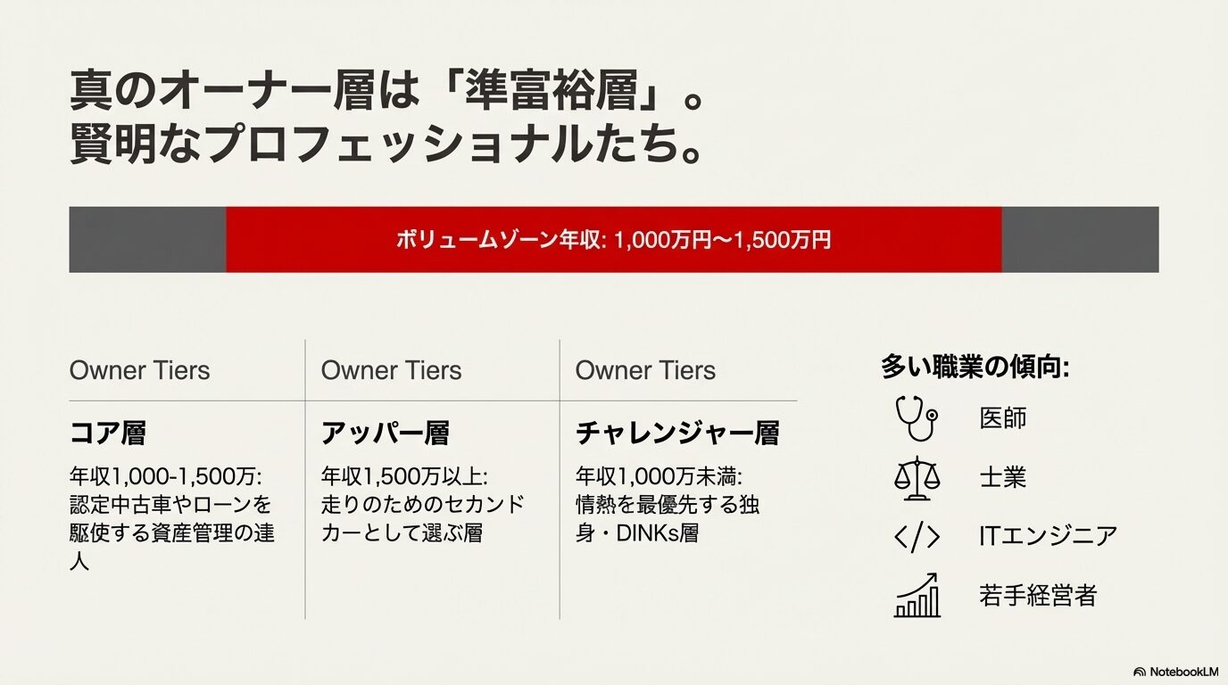 ケイマンオーナーのボリュームゾーンである年収1,000万円〜1,500万円の準富裕層、コア層、アッパー層、チャレンジャー層の解説表