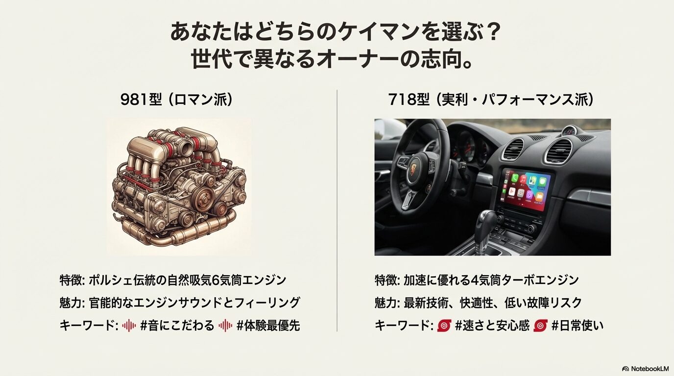 自然吸気6気筒の981型(ロマン派)と4気筒ターボの718型(実利・パフォーマンス派)の特徴と魅力の比較