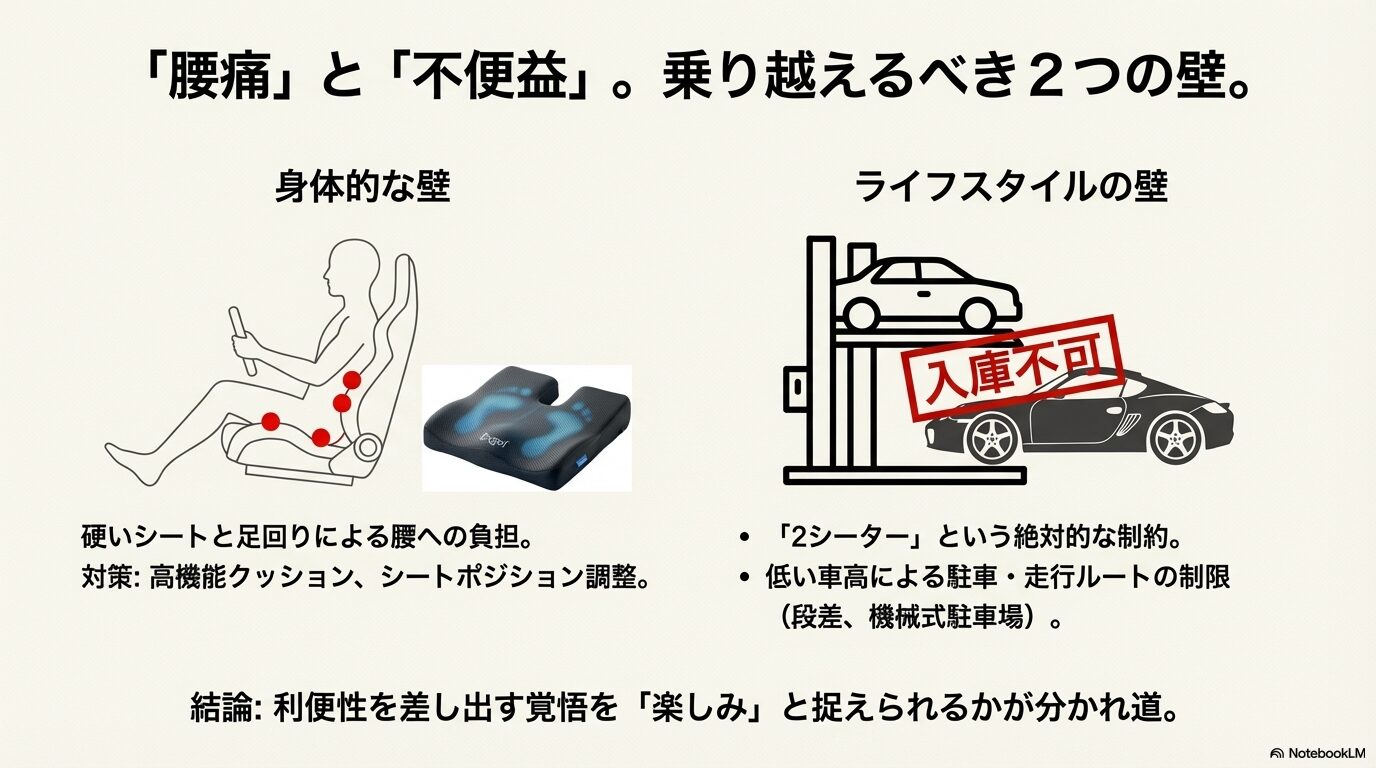 硬いシートによる腰への負担図解と、低い車高による機械式駐車場の入庫不可を示すライフスタイルの制約