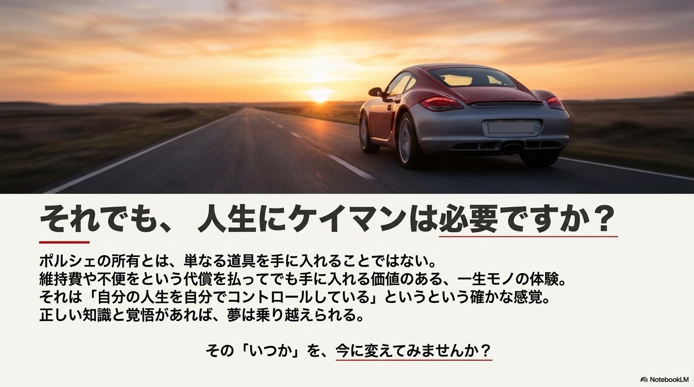 ポルシェ所有は自分の人生をコントロールする感覚を得る一生モノの体験であるという結びのメッセージ