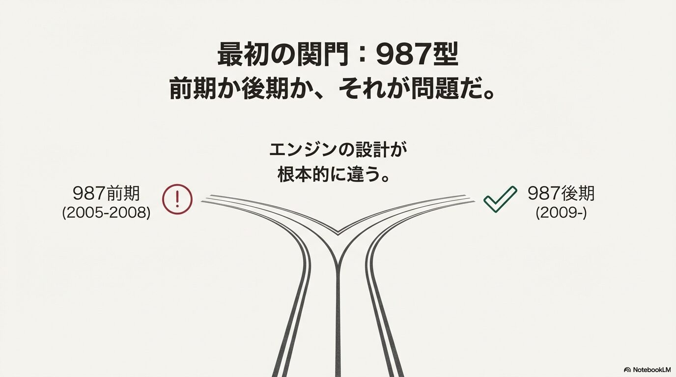 ポルシェ・ケイマン987型の前期(2005-2008)と後期(2009-)でエンジンの設計が根本的に違うことを示すイラスト