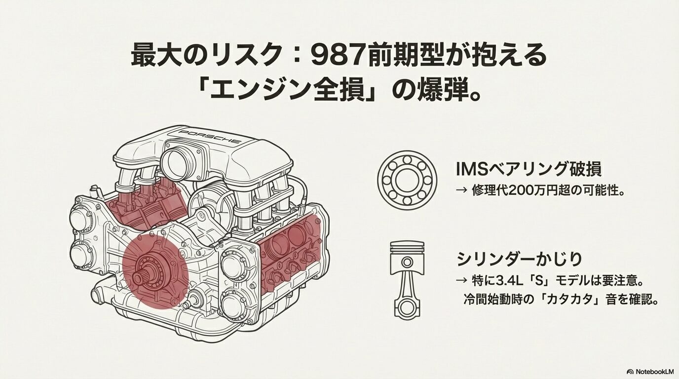 ポルシェ・ケイマン987前期のIMSベアリング破損とシリンダーかじりによるエンジン全損リスクの解説図