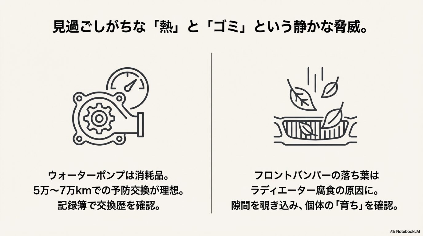 ウォーターポンプの寿命とフロントバンパーに溜まる落ち葉がラジエーター腐食の原因になることの解説図